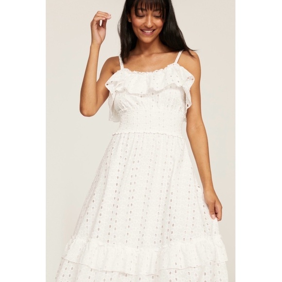 SLATE & WILLOW Cotton Eyelet Smocked Waist Sleeveless Tiered Ruffle Midi Dress M - Picture 6 of 9